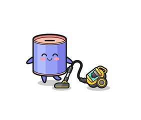 cute cylinder piggy bank holding vacuum cleaner illustration