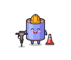 road worker mascot of cylinder piggy bank holding drill machine