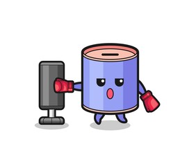 cylinder piggy bank boxer cartoon doing training with punching bag