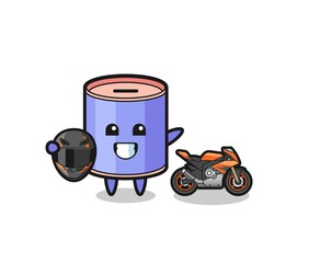 cute cylinder piggy bank cartoon as a motorcycle racer