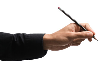Male hand holding pencil on white background