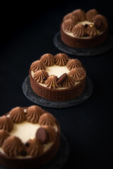Tarte Schoko-Cheesecake. Feiner Cheesecake mit natürlicher Vanilleschote und einer haube aus Schokolade. Schrarze Hintergrund. 