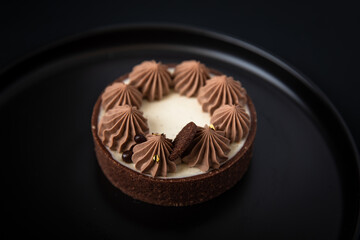Tarte Schoko-Cheesecake. Feiner Cheesecake mit natürlicher Vanilleschote und einer haube aus Schokolade. Schrarze Hintergrund. 