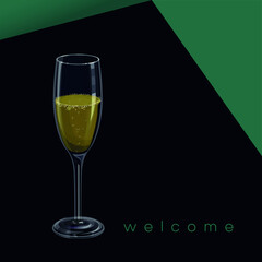 full transparent glasses of champagne isolated on dark green and black background