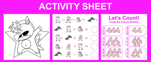 Activity sheet for children. Educational printable worksheet. Unicorn worksheet theme. Motor skills education. Vector illustrations