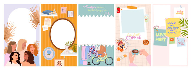 Template for social media. Vertical background. Girl power, inspiration and motivatiom quotes, colorful design. Scandinavian hygge style Interior. Editable Vector Illustration