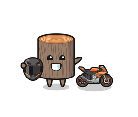 cute tree stump cartoon as a motorcycle racer