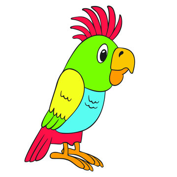 colorful funny parrot side view, cartoon, on a white background