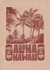Aloha Hawaii. Background with hand lettering with tiki mask and tropical landscape with palms trees. Raster Version Illustration. - obrazy, fototapety, plakaty