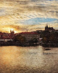 Real painting modern artistic artwork Prague Czechia drawing in oil city center vintage houses and architecture, Europe travel, wall art print for canvas or paper poster, tourism production design
