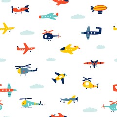 Seamless pattern with airplane and helicopter. Air transport. Kids print. Vector illustrations - 499114844