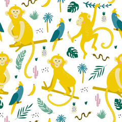 Seamless pattern with monkey. Fabric print. Vector illustration.