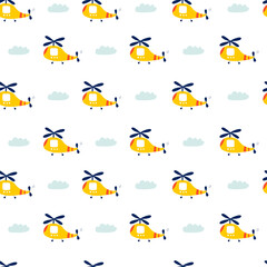 Seamless pattern with helicopter. Air transport. Kids print. Vector illustrations