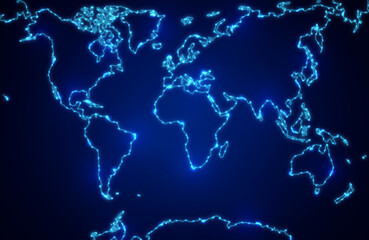 World map with shining contours of continents on a deep blue background