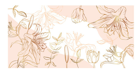 Banner with golden flowers lilies hand-drawn floral background colorful