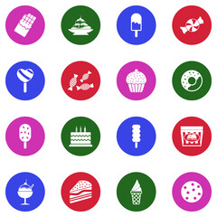 Chocolate Icons. White Flat Design In Circle. Vector Illustration.