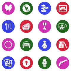 Collecting And Hobby Icons. White Flat Design In Circle. Vector Illustration.