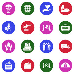 Humanitarian Aid Icons. White Flat Design In Circle. Vector Illustration.