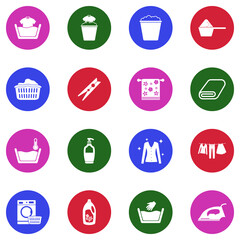 Laundry Icons. White Flat Design In Circle. Vector Illustration.