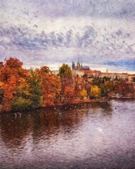 Real painting modern artistic artwork Prague Czechia drawing in oil city center vintage houses and architecture, Europe travel, wall art print for canvas or paper poster, tourism production design