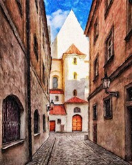 Real painting modern artistic artwork Prague Czechia drawing in oil city center vintage houses and architecture, Europe travel, wall art print for canvas or paper poster, tourism production design
