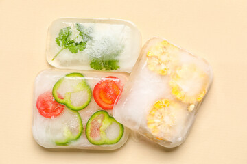 Fresh vegetables frozen in ice on beige background