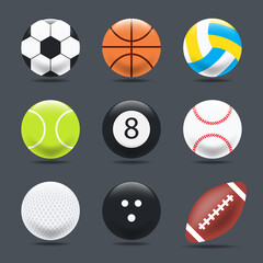 Set of Sports balls on a Black background, Vector, Realistic style.
