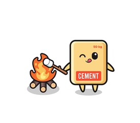 cement sack character is burning marshmallow