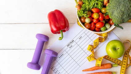 Diet Health Plan. Workout planing. Sport exercise equipment workout and gym background with...