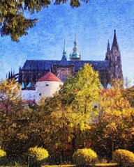 Real painting modern artistic artwork Prague Czechia drawing in oil city center vintage houses and architecture, Europe travel, wall art print for canvas or paper poster, tourism production design