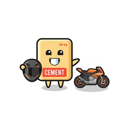 cute cement sack cartoon as a motorcycle racer