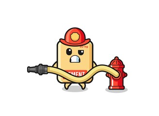 cement sack cartoon as firefighter mascot with water hose