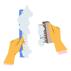 Hands in gloves wash a comb for hair with a brush and soap. Instrument disinfection. Flat vector illustration. Eps10