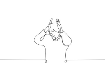 man clutching his head and screaming - one line drawing vector. concept of despair, panic, hysteria