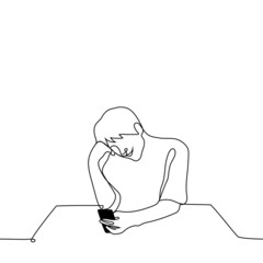 man smiling looking into the phone - one line drawing vector. concept of man is texting with his lover, man is watching cute and touching positive videos