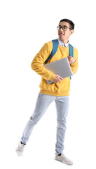 Male Asian student with laptop on white background