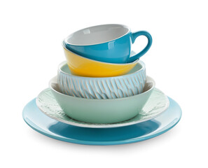 Set of stylish dinnerware on white background