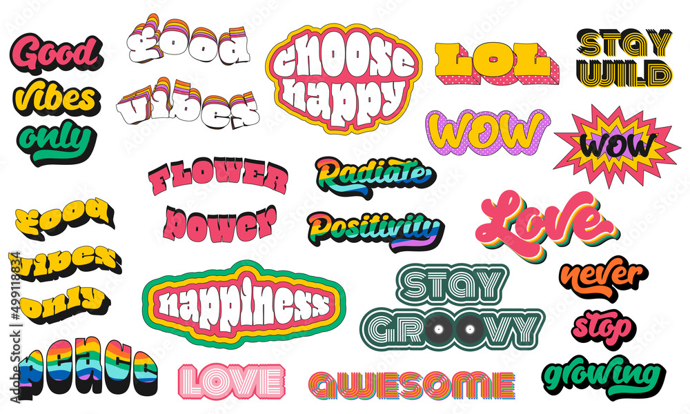 Fototapete a set with typographic prases in retro style. bulk, 3d lettering, text with a stroke and extruded sh