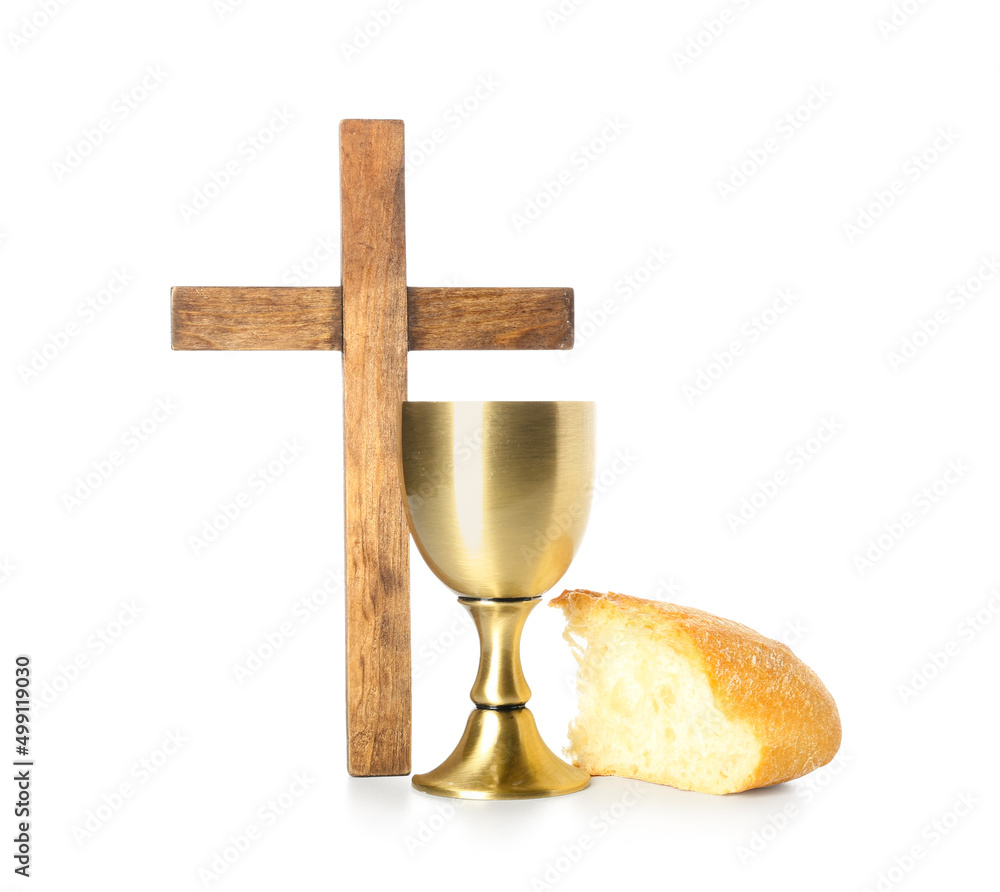 Wall mural cup of wine with bread and cross on white background