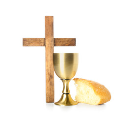 Cup of wine with bread and cross on white background