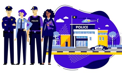Policemen and police station building on modern background in trendy flat style.