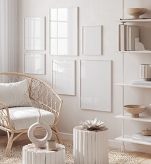 Mockup frame in interior background, room in light pastel colors, Scandi-Boho style, 3d render