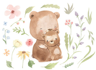 Watercolor mother and baby bear. Cute illustration for kids