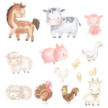 Farm watercolor animals. Horse, cow, sheep, chicken, goose, turkey, pig, goat