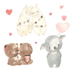 Watercolor llama, bear, koala. Cute illustration for Valentine's day