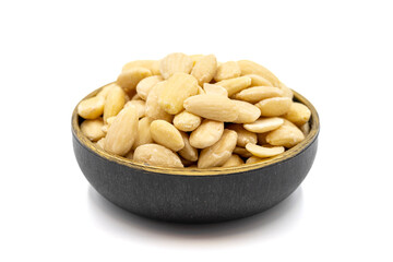 Peeled almond kernel isolated on white background. A bowl of almonds. close up