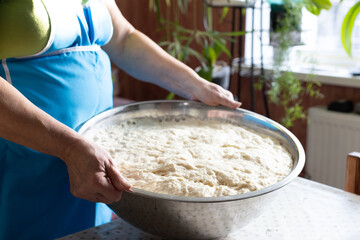 Woman holding bowl with dough. Closeup, selective focus.