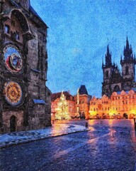 Fototapeta premium Real painting modern artistic artwork Prague Czechia drawing in oil city center vintage houses and architecture, Europe travel, wall art print for canvas or paper poster, tourism production design