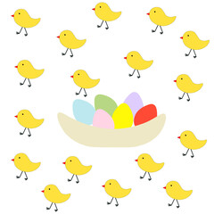 Abstract yellow chicks, easter eggs in plate. Festive funny hand drawn illustration in pastel colors, vector eps 10