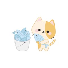 A cute kitten holding a light blue fish in its paws. Next to the cat is a bucket with blue and light blue fish.